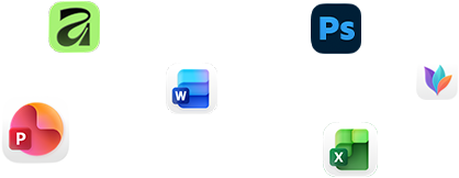 A kijelzőn különböző alkalmazások, köztük a Microsoft Word, az Adobe Photoshop, a Canva és a Figma ikonjai lebegnek