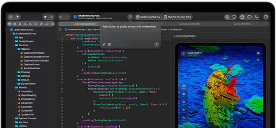 Az Xcode-ba integrált AI-asszisztens használata látható egy MacBook Pro kijelzőjén.