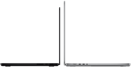 14 hüvelykes asztrofekete MacBook Pro egy 16 hüvelykes ezüstszínű MacBook Pro mellett.