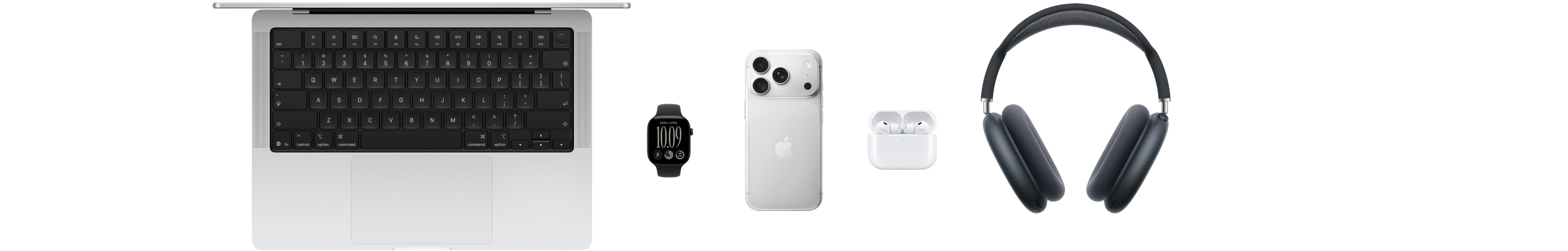 Various Apple products, including a MacBook Pro, an Apple Watch Series 12, an iPhone 18 Pro, AirPods Pro 3, AirPods Max, Apple Vision Pro, an Apple Pencil Pro, and an iPad Pro