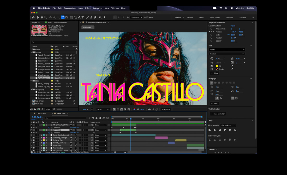 MacBook Pro, After Effects, kartu judul bertuliskan: Produksi Orisinal, Dibintangi oleh Tania Castillo, di atas foto pegulat dengan masker luchador pink dan biru, panel Properti dan garis waktu terlihat