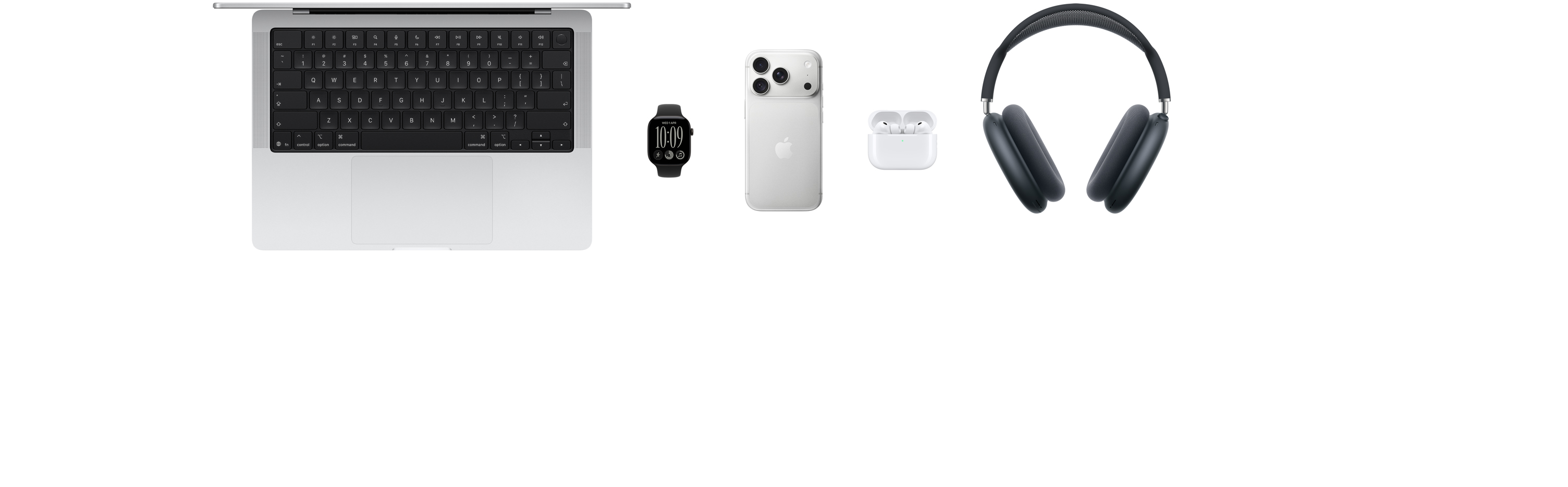 Various Apple products, including a MacBook Pro, an Apple Watch Series 12, an iPhone 18 Pro, AirPods Pro 3, AirPods Max