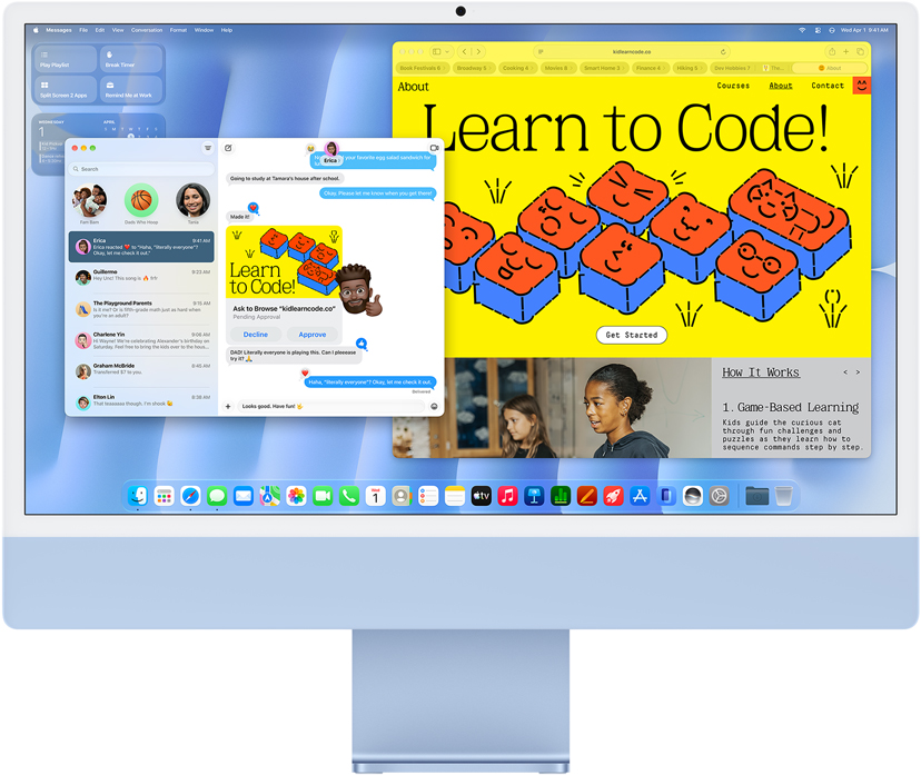 iMac, front exterior, blue colour, displaying Messages app and a 'Learn to Code' website