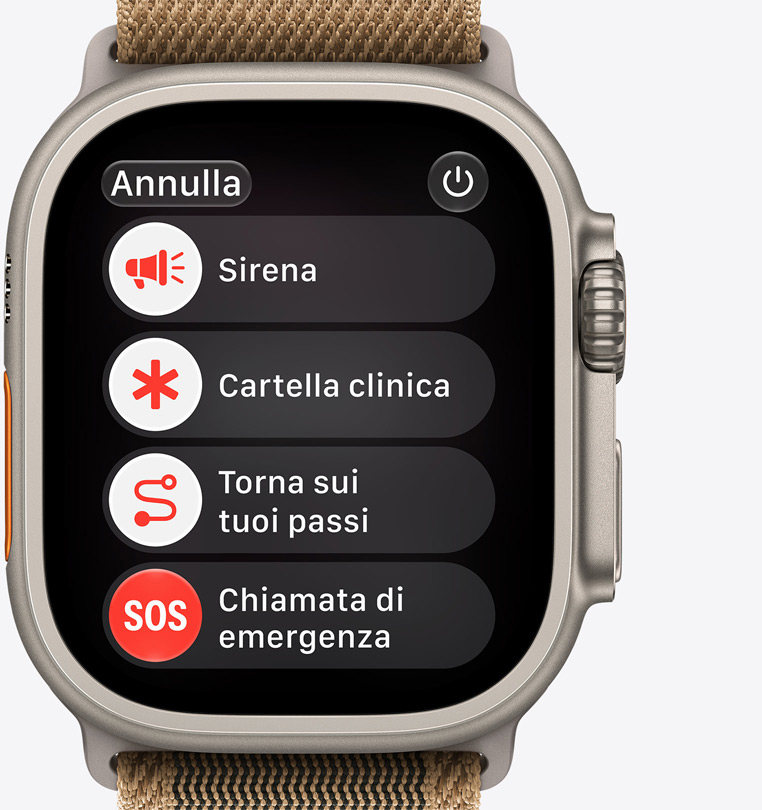 Apple Watch Ultra 4, cassa in titanio naturale, opzioni di emergenza sullo schermo: sirena, cartella clinica, Torna sui tuoi passi, chiamata di emergenza