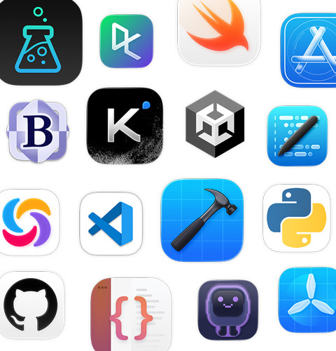Unity Editor, DataCamp, Swift Playground, Apple Developer 등 코딩 앱 아이콘 모음