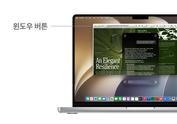 Siri에게 물어보기 기능이 MacBook Pro 14에 유용한 연구 정보를 표시하고 있고, 백그라운드에서 실행 중인 ‘미리보기’ 앱 위에 윈도우 버튼의 위치를 나타내는 선이 표시된 모습.