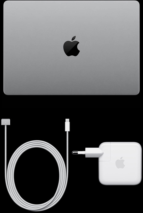 PROLED XDR 디스플레이 탑재 MacBook Pro, 실버 색상, 상단, 닫혀 있는 상태, USB-C 충전 케이블 및 전원 어댑터