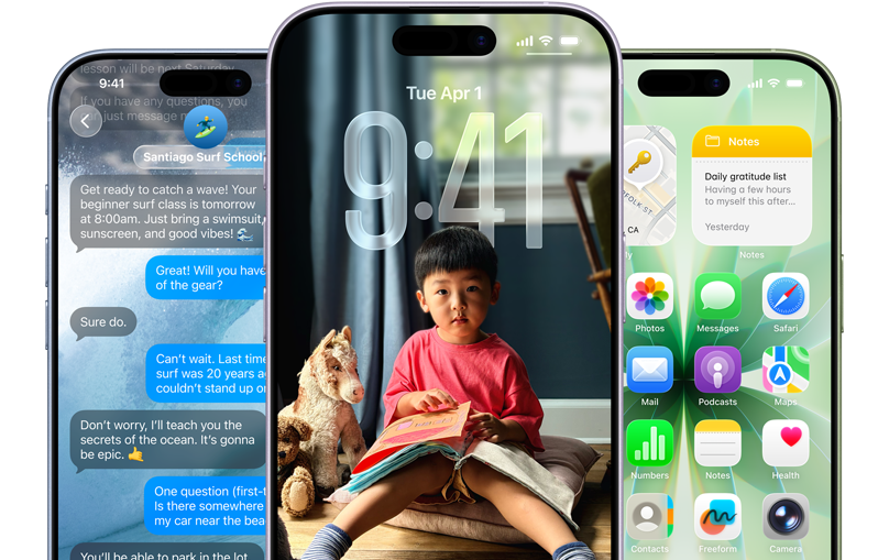 Three iPhone 17 devices. Each displays either a Messages screen, lock screen, or home screen