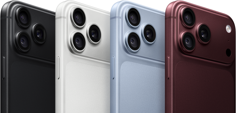 Rindā izvietotas iPhone 18 Pro ierīces, aizmugures skats, visas četras krāsas: melna, ledāju, sudraba, Burgundijas sarkana, augšējā kreisajā stūrī Pro Fusion kameru sistēma, 3 objektīvi, mikrofons, zibspuldze