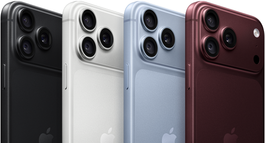 Rindā izvietotas iPhone 18 Pro ierīces, aizmugures skats, visas četras krāsas: melna, ledāju, sudraba, Burgundijas sarkana, augšējā kreisajā stūrī Pro Fusion kameru sistēma, 3 objektīvi, mikrofons, zibspuldze