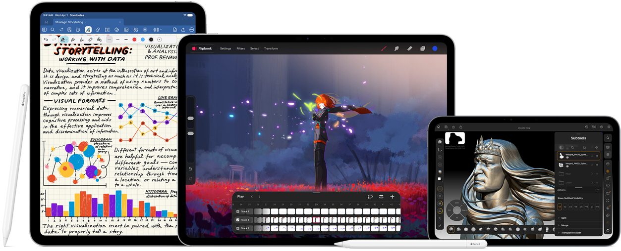 Image of Apple Pencil Pro and Apple Pencil USB-C next to multiple iPad devices displaying examples of handwritten notes and colorful illustrations created with Apple Pencil.