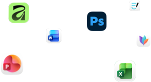 أيقونات لتطبيقات متنوعة تطفو على الشاشة، ومن بينها Microsoft Word وAdobe Photoshop وCanva وFigma