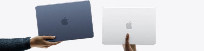 أجهزة لابتوب MacBook&nbsp;Neo بألوان مختلفة، كل واحد منها تحمله يد شخص مختلف