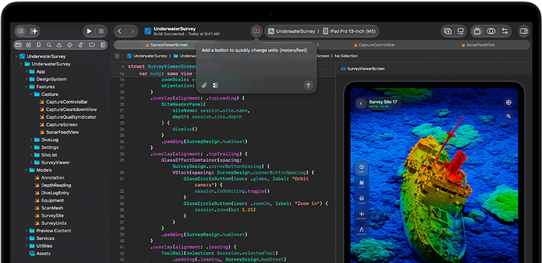 MacBook Pro screen showing AI-assistant integration within Xcode