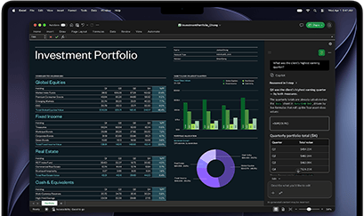 MacBook Pro screen showing Excel spreadsheet with investment portfolio data, green bar chart, purple donut chart, and Copilot sidebar with quarterly totals