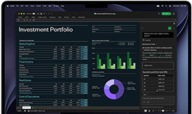 MacBook Pro screen showing Excel spreadsheet with investment portfolio data, green bar chart, purple donut chart, and Copilot sidebar with quarterly totals