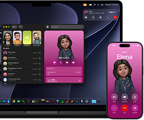 MacBook Pro and iPhone, Phone app open, same contact displayed on both screens