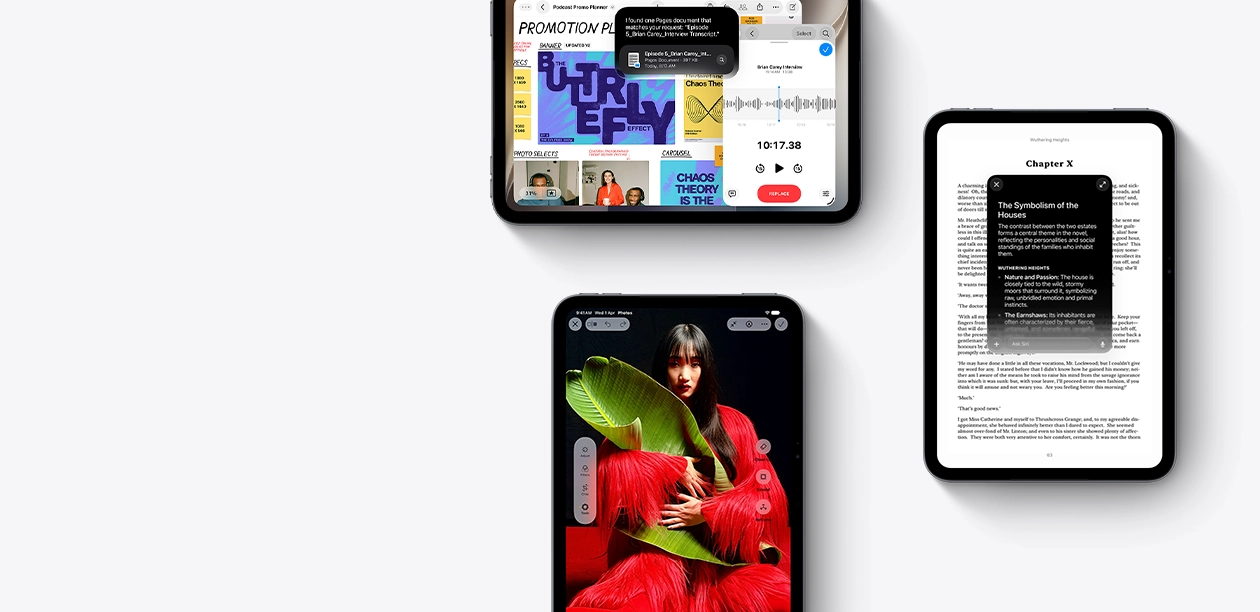 多部 iPad mini 裝置的正面圖，螢幕顯示不同的 app。