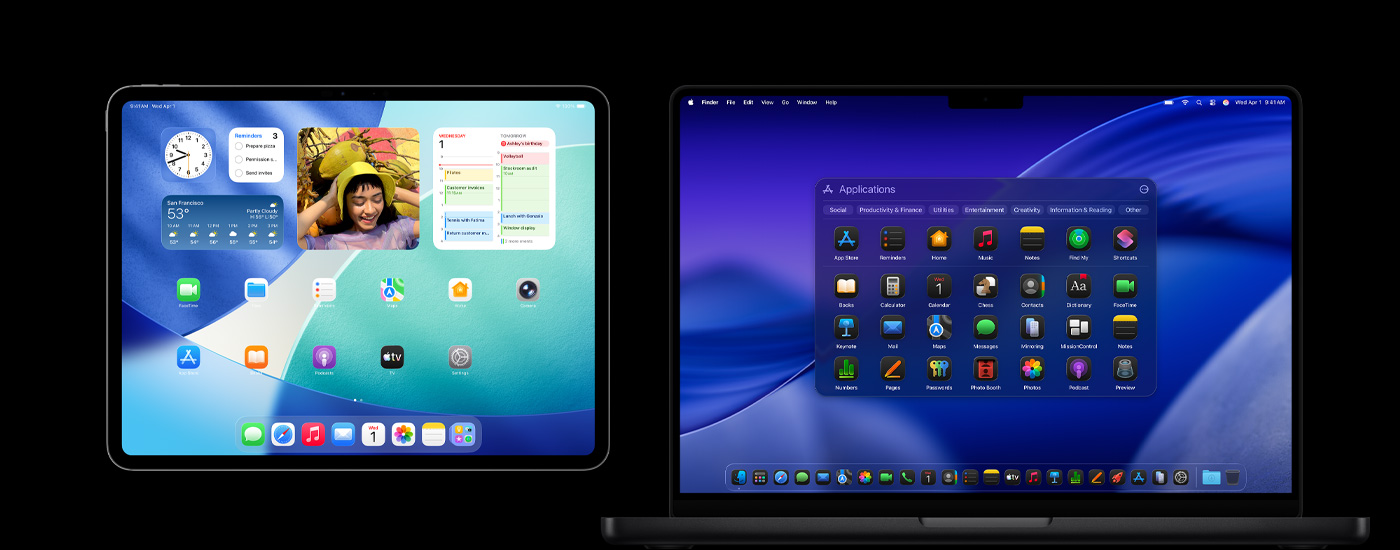 Un iPad y una Mac con varios íconos de apps. En el iPad hay diferentes widgets, como Calendario, Clima y Fotos. En el fondo de la Mac se ve macOS Tahoe.