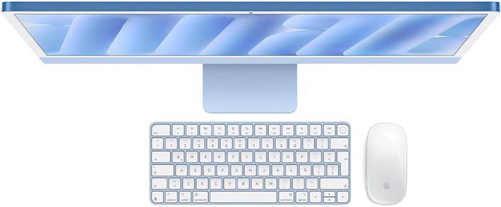 iMac, color azul, parte superior, con Magic Mouse y Magic Keyboard con Touch ID