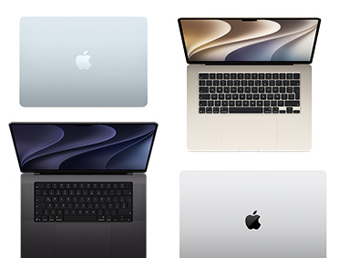 Cuatro modelos de computadoras Mac en distintos tamaños y colores que muestran la amplia gama de opciones de personalización
