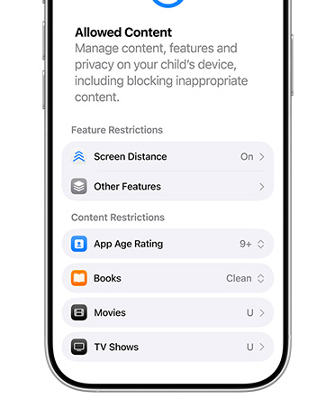 iPhone displaying content and privacy restrictions options for Child Account.