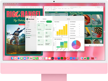 iMac, front exterior, pink color, multiple apps open displaying an inventory tracker, fly fishing catalog design, and business dashboard