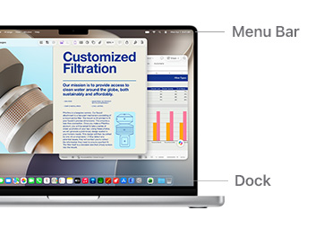 Ask Siri populates helpful research information on MacBook Pro 14", Preview runs in the background with lines indicating the location of the Menu Bar and Dock.