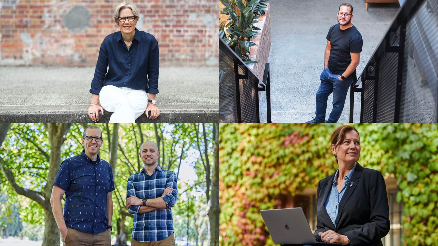 Four photo grid of Kathryn Donaldson, James Cuda, Helen Souness, and Anthony Harrison and Justin Almering.