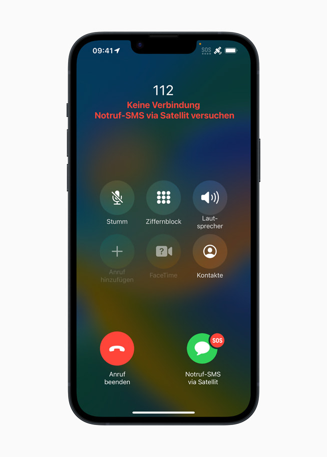 Ein iPhone fordert Anwender:innen, die keine Verbindung zu einem Notdienst herstellen kann, auf, Notruf SOS über Satellit zu versuchen.
