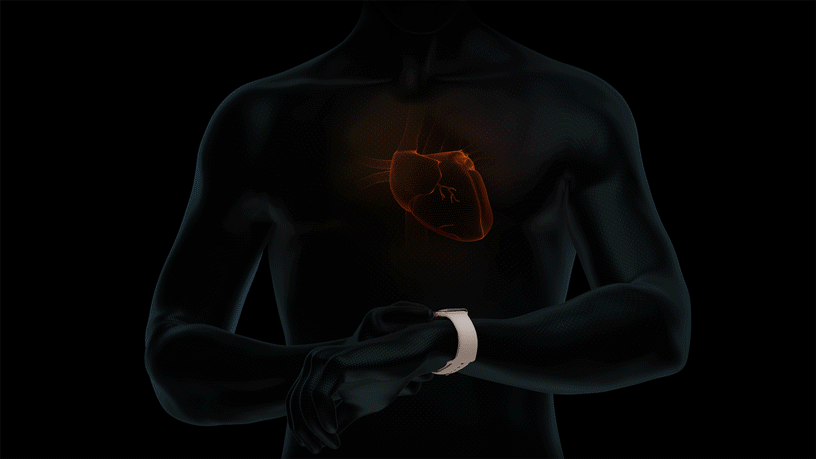 Animierte Darstellung des Herzrhythmus und Apple Watch.
