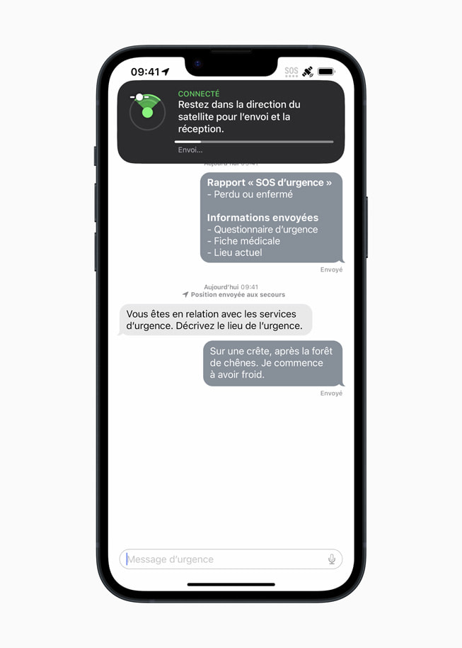 La fonction de chat dans l’application SOS d’urgence par satellite.