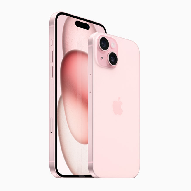 عرض لتشكيلة iPhone 15 باللون الوردي.