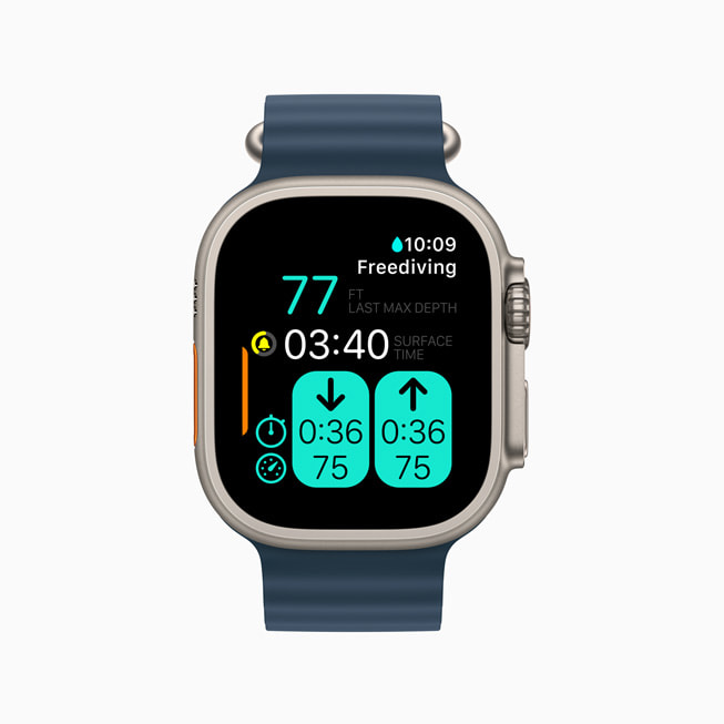 Apple Watch Ultra shows a user’s freediving statistics.
