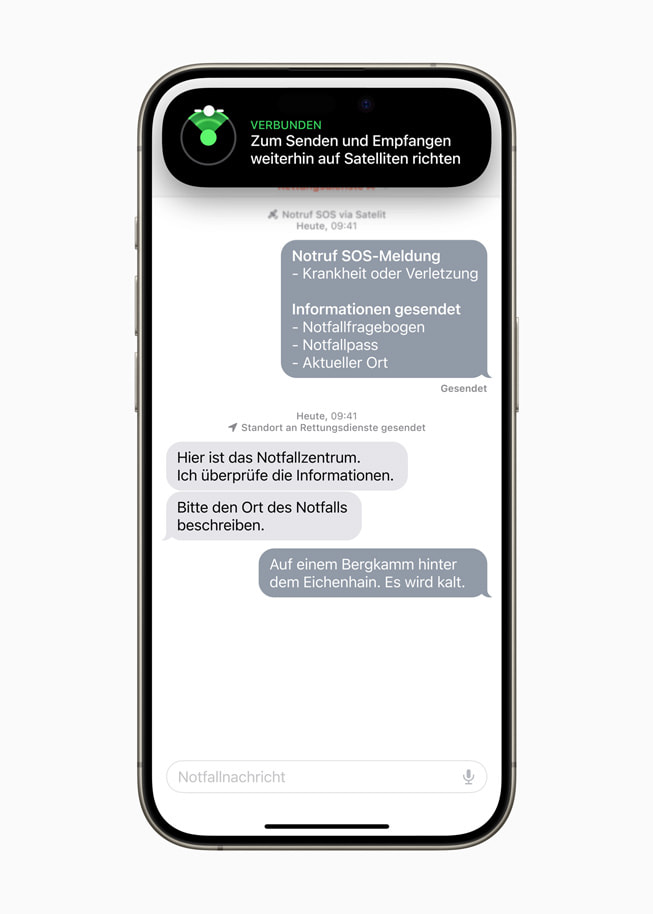Nachrichten eines:r Anwenders:in von Notruf SOS über Satellit auf einem iPhone 15 Pro.