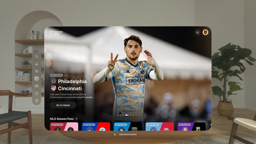 MLS Season Pass page displayed in a window on Apple Vision Pro.