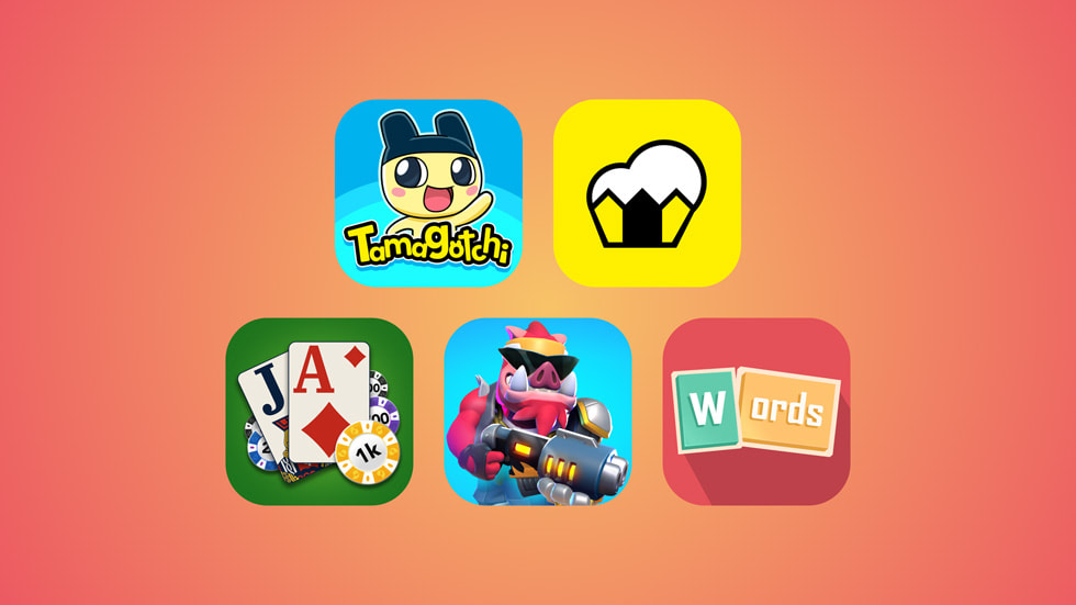 A collage of icons representing Tamagotchi Adventure Kingdom, Cornsweeper, and Blackjack by MobilityWare+, BEAST: Bio Exo Arena Suit Team, Words in Progress, and Summer Pop+.