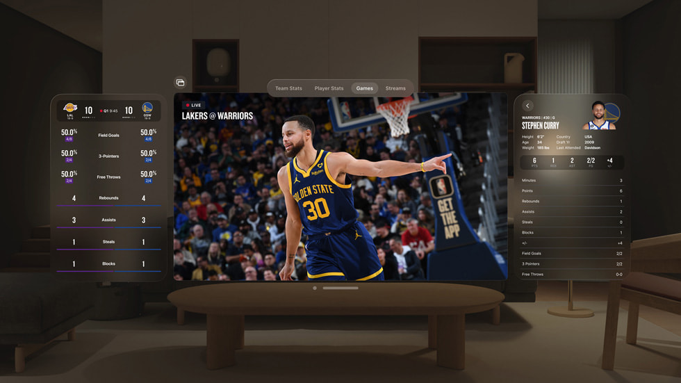 The NBA League Pass app displaying a live game and real-time stats on Apple Vision Pro.