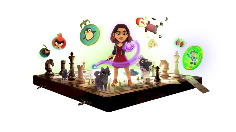 A collage of artwork representing Wylde Flowers, Angry Birds, stitch., WHAT THE GOLF?, and Super Fruit Ninja.