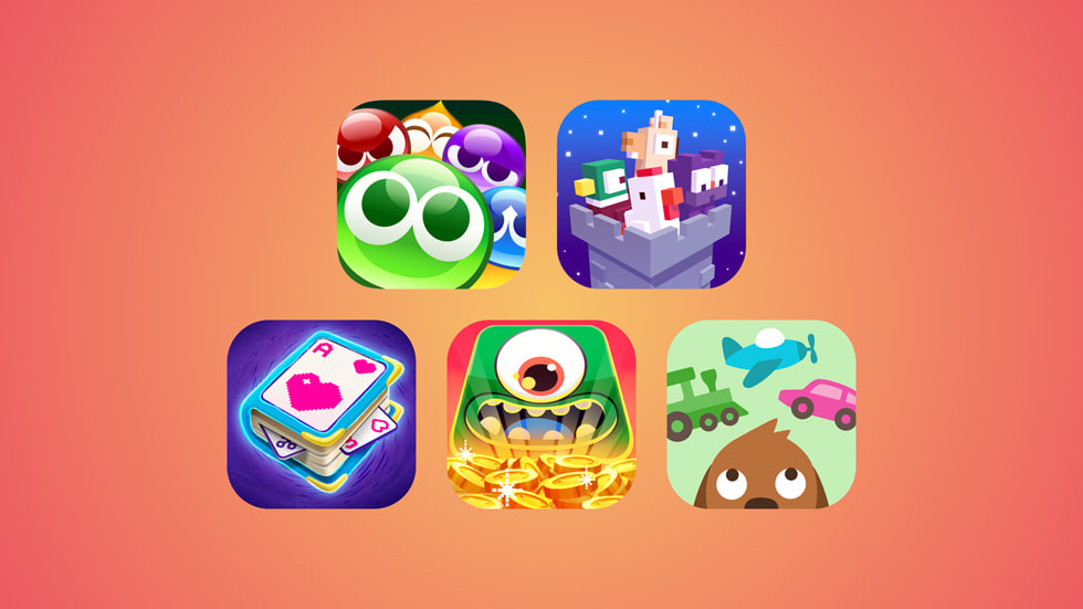 A collage of artwork representing Puyo Puyo Puzzle Pop, Crossy Road Castle, Solitaire Stories, Super Monsters Ate My Condo+, and Sago Mini Trips+.