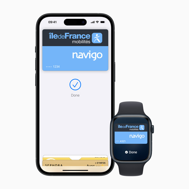 Screens on iPhone 15 Pro and Apple Watch Series 9 show a Navigo card.