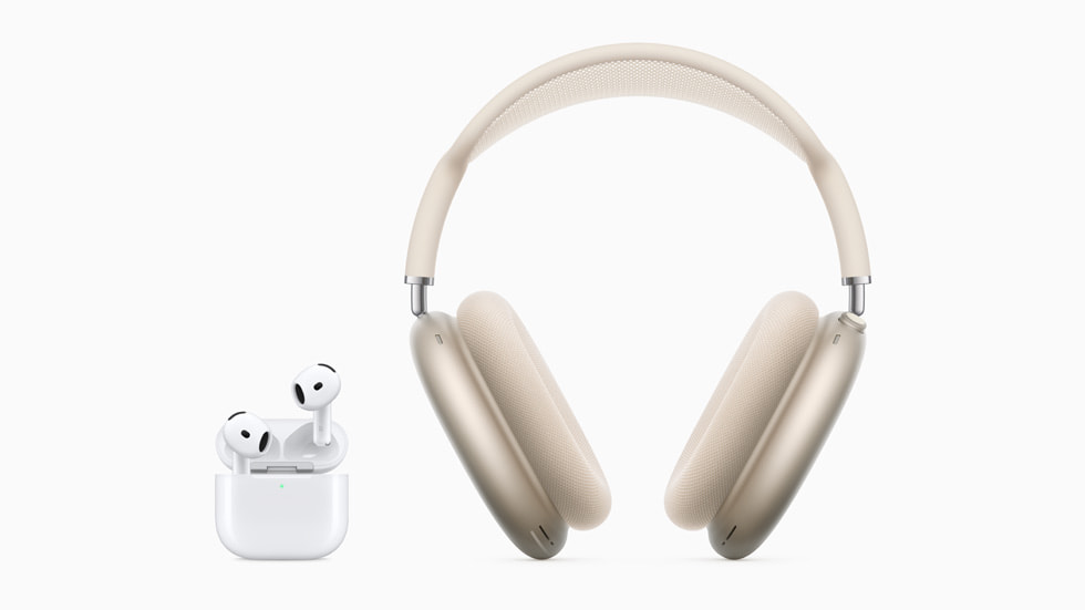 AirPods 4 and AirPods Max in starlight are shown.