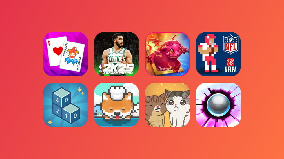 A collage of chiclets representing the eight games arriving on Apple Arcade.