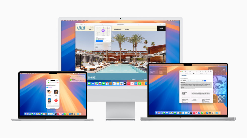 Duplicación del iPhone en MacBook Air, contenido resaltado en Safari en iMac y Herramientas de Escritura en MacBook Pro. 