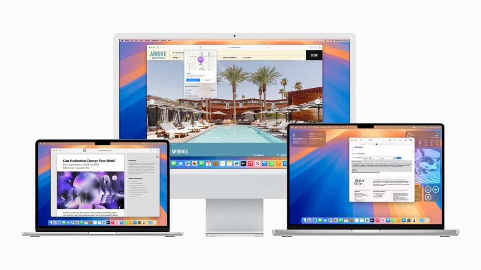 Der überarbeitete Safari Reader auf dem MacBook Air, Safari Highlights auf dem iMac und die Schreibwerkzeuge auf dem MacBook Pro. 