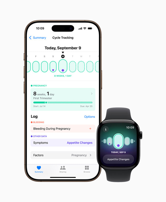 Un Apple Watch Series 10 y un iPhone 16 Pro muestran la app Control de Ciclo.