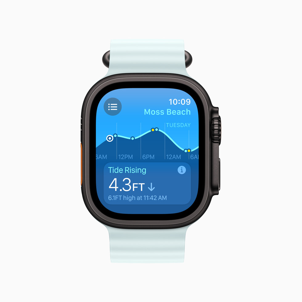 Un Apple Watch Ultra 2 muestra la nueva app Mareas.