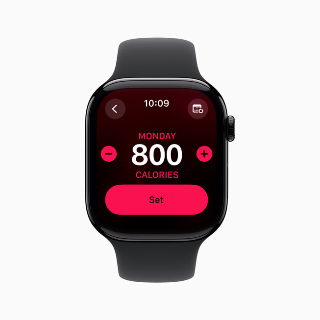 Un Apple Watch Series 10 muestra los objetivos personalizados de un usuario en los círculos de Actividad.