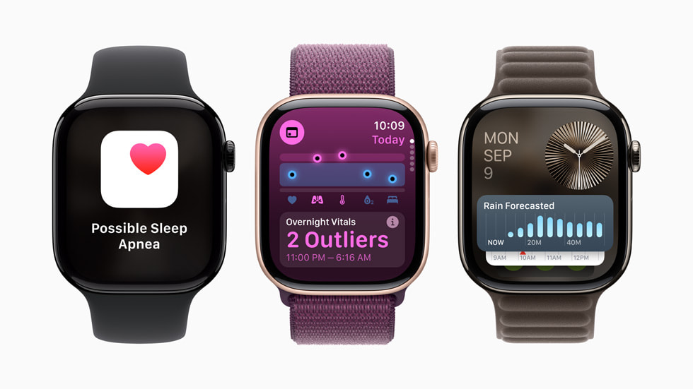 Tres Apple Watch Series 10 muestran las actualizaciones disponibles en watchOS 11, incluidas la app Signos Vitales y la Pila Inteligente mejorada.