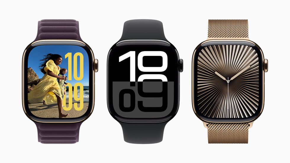 Tres Apple Watch Series 10 muestran la carátula Fotos, la carátula Flujo y la carátula Reflejos.